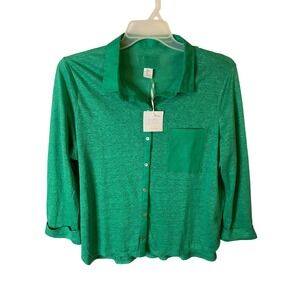Sigrid Olsen Womens Large Green 100% Linen Button Down 3/4 Sleeve Shirt NWT